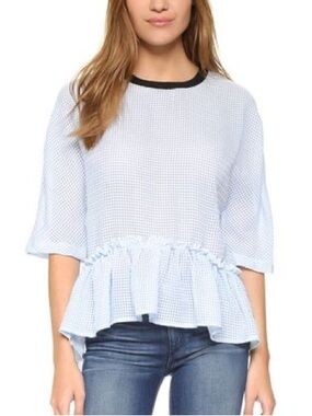 English Factory Gingham Blue & White Ruffle Peplum Top Size S